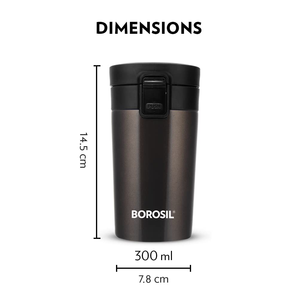 Borosil Coffeemate Insulated Mug, Vacuum Insulated Travel Coffee Mug With Lid, 8 Hours Hot And 14 Hours Cold, 300 Ml, Mocha, Sta